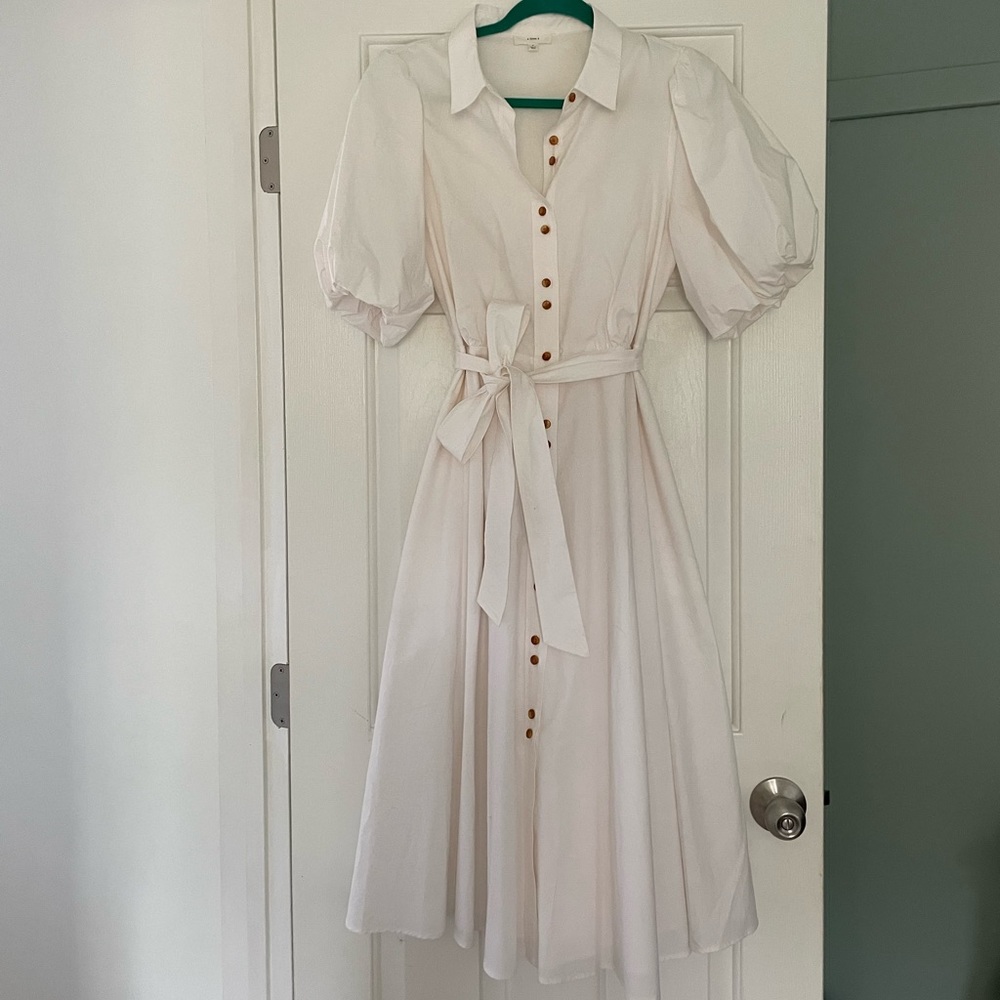 A Loves A Button Down Puff Sleeve White Midi Dress